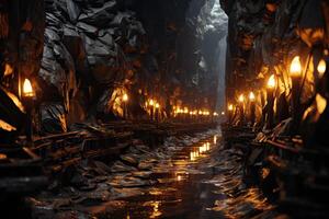 AI generated An underground mine with coal, the mine is lit and old and dilapidated. photo