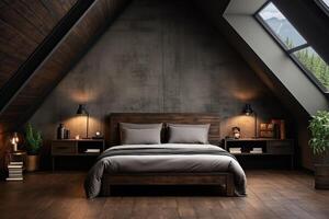 AI generated Large gray and modern bedroom, minimal bedroom interior. photo