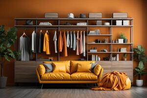 AI generated Women's wardrobe is complicated by color. Living room in the corridor. photo