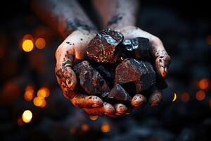 AI generated A man holds black coal in his hands close-up. photo