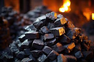 AI generated Pieces of black coal lie in a large pile on the outside. photo