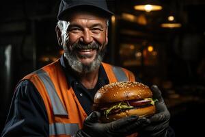 ai generado un minero sostiene un enorme hamburguesa en su manos en un mío, almuerzo descanso para minero trabajadores foto