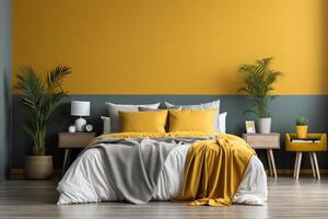 AI generated Bedroom in yellow and gray colors, front view of the bed. photo