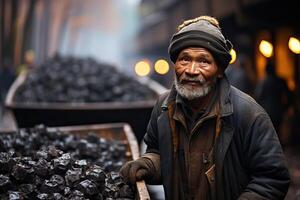 ai generado un antiguo minero hombre empuja un carretilla con carbón, un antiguo y de confianza carretilla para que lleva y transportar negro carbón desde el mío. foto