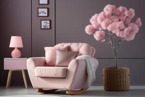 ai generado rosado mueble y gris paredes en un del psicólogo oficina. foto