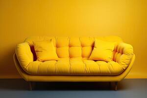 AI generated Yellow sofa on a yellow background. photo