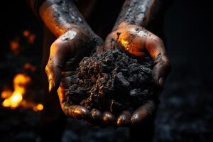 AI generated A man holds black coal in his hands close-up. photo