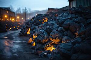 AI generated Pieces of black coal lie in a large pile on the outside. photo