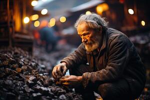 AI generated The old man takes the black coal, the coal is in a big pile, the coal is ready to be used. photo