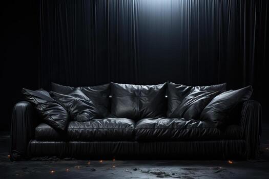 AI generated Black leather and a large sofa on a black background. photo