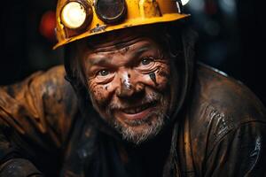 AI generated Close-up portrait of a miner in a mine. photo