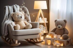 AI generated A stylish and cozy children's room, a soft big bear in a big soft chair. photo