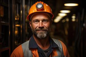 AI generated Portrait of a miner before starting work, a clean miner in a mine. photo