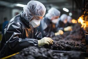 ai generado humano geólogos y ingenieros examinar muestras de negro carbón foto