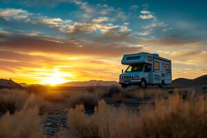 AI generated In the heart of the desert, an RV camper is silhouetted against a stunning sunset, the sky ablaze with gold and orange, inviting an evening of peaceful solitude photo