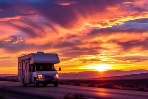 AI generated A recreational vehicle travels under a sky ablaze with the fiery hues of sunset, cruising along a deserted highway that promises endless adventure and the freedom of the road photo