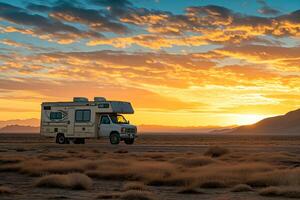 AI generated As the sun sets, painting the sky with fiery hues, a solitary RV stands in the vastness of the desert, symbolizing both the solitude and the freedom of the wilderness photo