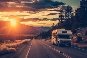 ai generado un rv viaje a atardecer, con el vehículo frente a el menguante Dom en un tranquilo montaña camino, ofrecimiento un sentido de aventuras y el belleza de el genial al aire libre foto