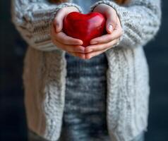 ai generado de cerca de un mujer manos suavemente participación un vibrante rojo corazón, simbolizando amor y compasión, con un enfoque suave en el acogedor de punto suéter antecedentes foto