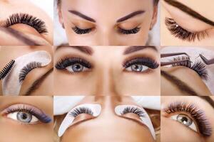 Eyelash extension procedure. Beautiful Woman with long lashes in a beauty salon. Collage. photo