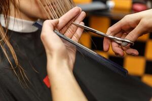 Professional hairdresser dyeing hair of her client in salon. Haircutter cuting hair. Selective focus. photo
