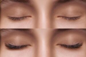 Eyelash Extension. Comparison of female eyes before and after. photo
