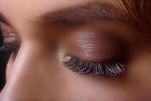 Eyelash Extension Procedure. Woman Eye with Long Eyelashes after Extension Procedure. White eyelashes. Dark background. Makeup. Close up, selective focus. photo