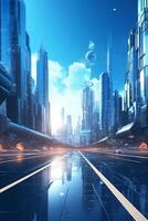 ai generado cyberpunk ciudad antecedentes con azul cielo difuminar antecedentes ai generado foto