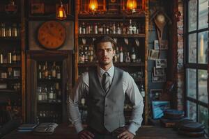 AI generated Stylish Bartender in Vintage Pub Setting photo