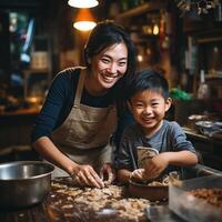 ai generado un foto de un asiático niño Ayudar su mamá en el cocina