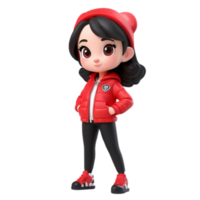 AI generated 3d a young girl with a red jacket and black pant on isolated transparent background png, generated with AI png