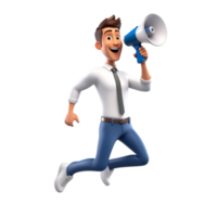 AI generated 3d male character jumping and holding a megaphone on isolated transparent background png, generated with AI png