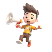 AI generated 3d male character jumping and holding a megaphone on isolated transparent background png, generated with AI png