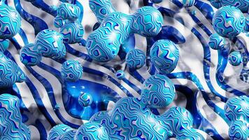 Spheres in blue and white colors dancing on abstract background. 3D render animation. Happy colors, summer vibe. Fluid liquids video