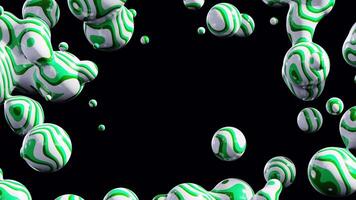 Green and white marble type abstract spheres dancing isolated on alpha background. 3D render animation. Modern minimal design video