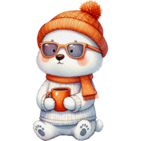 AI generated Polar Bear waering sunglass in sweater holding coffee mug character watercolor png