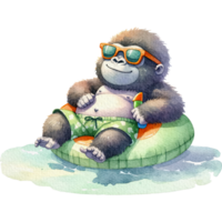 AI generated Gorilla chubby cute lounging on a pool float watercolor png