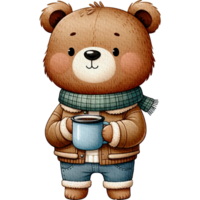 AI generated Bear camping holding coffee mug character watercolor png