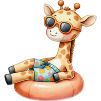 AI generated Giraffe chubby cute lounging on a pool float watercolor png