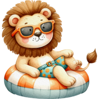 AI generated Lion  chubby cute lounging on a pool float watercolor png