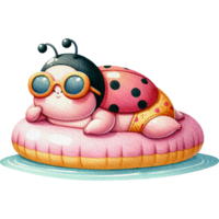AI generated Ladybug chubby cute lounging on a pool float watercolor png