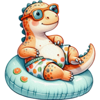 ai generado dinosaurio gordito linda descansando en un piscina flotador acuarela png