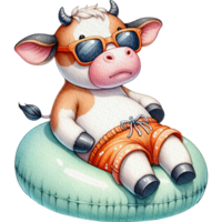 ai generado vaca gordito linda descansando en un piscina flotador acuarela png