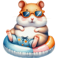 AI generated Hamster chubby cute lounging on a pool float watercolor png