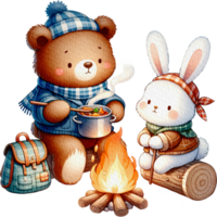 ai généré ours et lapin séance autour feu de camp avec une pot de stuw personnage aquarelle png