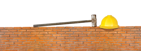 Safety helmet and hammer on red brick wall PNG transparent