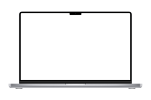 Detailed front side photo of laptop without background. Template for mockup png