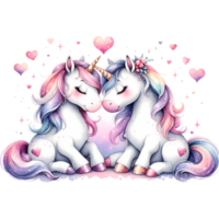 ai generado linda unicornios en amor con corazones png
