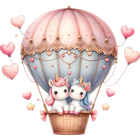 AI generated Cute cartoon unicorn in a hot air balloon with hearts and stars png