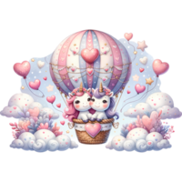 AI generated Cute cartoon unicorn in a hot air balloon with hearts and stars png